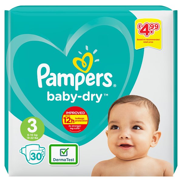 Pampers Baby-Dry Size 3, 30 Nappies, 6-10kg, Carry Pack
