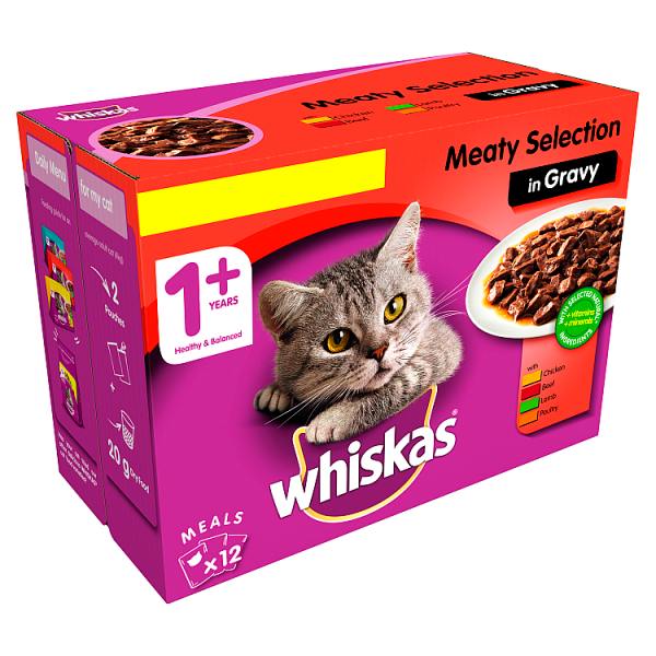 Whiskas Adult 1+ Wet Cat Food Pouches Meat in Gravy 12 x 100gPM £3.75